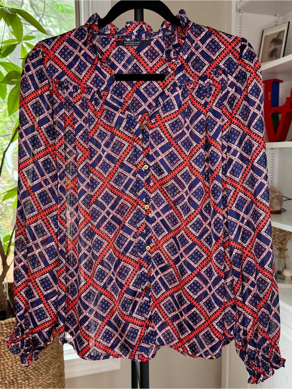 Scotch & Soda Amsterdams Blauw Navy and Red Geometric Print Ruffle Blouse